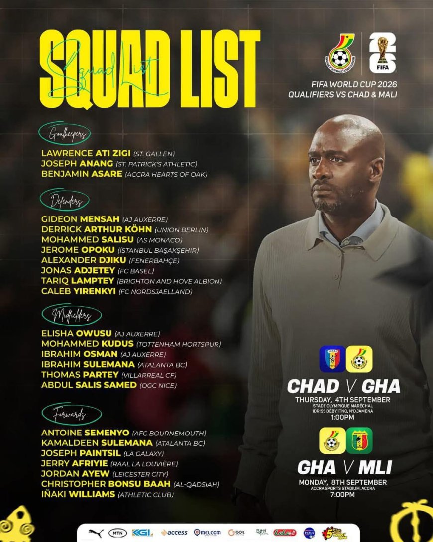 GHANA'S BLACK STARS SQUAD ANNOUNCED FOR 2026 FIFA WORLD CUP QUALIFIES 